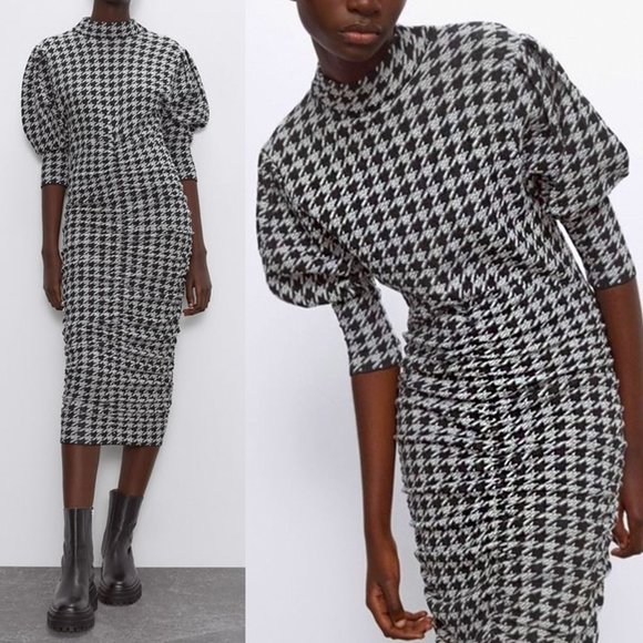 ZARA Black & White Houndstooth Jacquard Draped Wiggle Knit Midi Dress NWT Size S - Picture 2 of 12